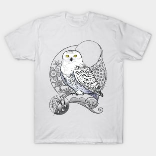 Snowy Owl Doodle in a blue wintery scene T-Shirt